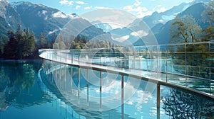 A dreamlike bridge made entirely of glass panes stretches over a serene lake offering a transparent path for travelers