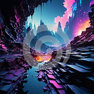 Dreamlike digital fissure, fracturing color and contrast, awakening a forgotten digital world