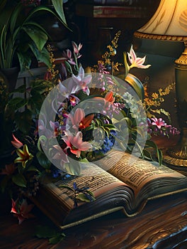 Surreal Open Book with Cascading Vines and Hyper-Realistic Flowers - Dreamlike Botanical Art photo