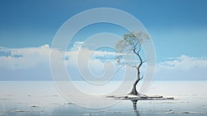Dreamlike Illustration Of A Lone Tree On Ice By A Large Body Of Water