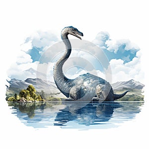 Dreamlike Illustration Of Longnecked Dinosaur By Lake In The Mountains