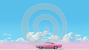 Dreamlike Illustration Of An Old Pink Car On A Clear Blue Sky