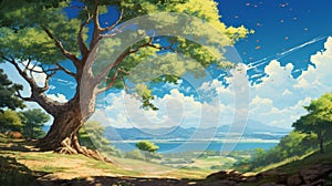 Dreamlike Illustration Of A Tree In The Style Of Makoto Shinkai