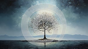 Dreamlike Illustration: Uhd Oil Painting Of Lone Tree On Water
