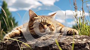 Dreamlike Imagery Of A Cat Resting On A Rock Under A Clear Blue Sky