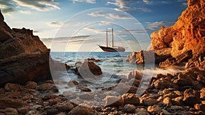 Dreamlike Imagery Of An Old Sailing Boat Amidst Waves And Rocks