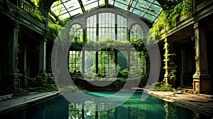 Dreamlike Pool In Old Building With Greenery: A Transcendentalist Masterpiece