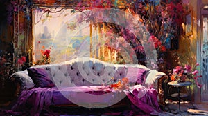 Dreamlike Purple Sofa Painting With Rococo Extravagance