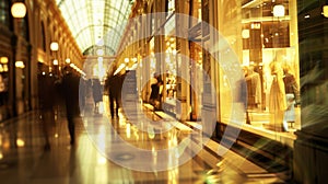 A dreamlike scene of luxury shopping with blurred reflections of opulent storefronts and hushed conversations echoing