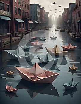 Dreamlike scene of paper boats on an urban river, surreal display, Generative AI