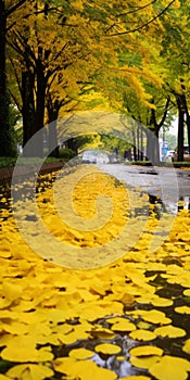 Dreamlike Scenery: Vibrant Yellow Tree Leaves Lining The Sidewalk
