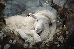 Dreamlike Sheep sleep cloud white. Generate Ai