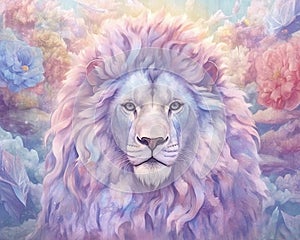 dreamlike watercolor lion print where the lion appears almost mystical