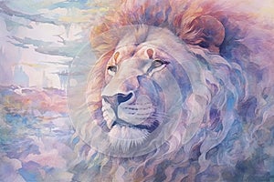 dreamlike watercolor lion print where the lion appears almost mystical