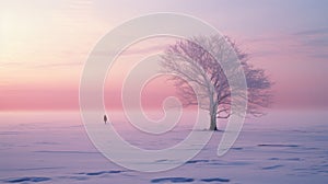 Dreamlike Winter Landscape: Lone Tree In Snowfield With Ethereal Hues