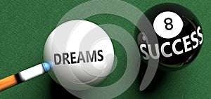 Dreams brings success - pictured as word Dreams on a pool ball, to symbolize that Dreams can initiate success, 3d illustration