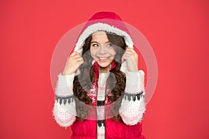 Dreams come true. cold season activity style. childhood happiness. thermal clothing. happy teen girl wear warm clothes photo