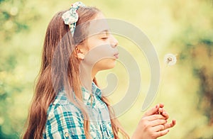 Dreams come true. Dandelion full symbolism. Summertime fun. Beliefs about dandelion. Girl making wish and blowing