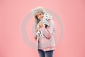 Dreams come true. kid fashion. Hipster girl fur winter earflap hat. autumn style. Childhood happiness. happy kid pink