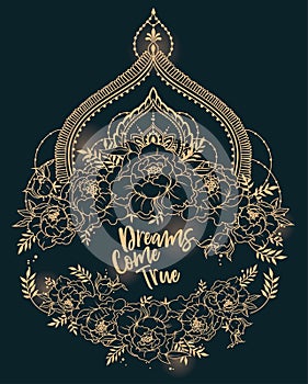 `Dreams come true` poster with peonies frame and mendi style deoration