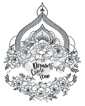 `Dreams come true` poster with peonies frame and mendi style deoration