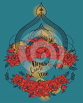 `Dreams come true` poster with peonies frame and mendi style deoration photo