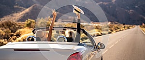 Dreams come true! Two happy young girls driving cabrio car during vacation road trip in mountains, making memories and having fun photo