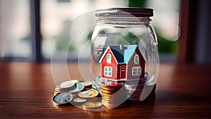 Dreams in a Jar: Illustration of a Miniature House Encased with Coins, Symbolizing Saving for a Home