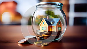 Dreams in a Jar: Illustration of a Miniature House Encased with Coins, Symbolizing Saving for a Home