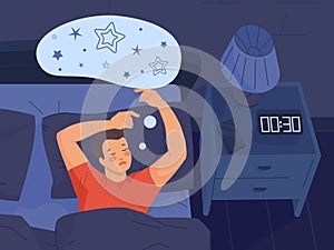 Dreams sleeping man. Cool peaceful sleep in night time at clock, person dream on bed room, illustrated vector