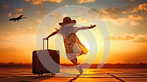 Dreams of travel! Child flying on a suitcase against the backdrop of a sunset