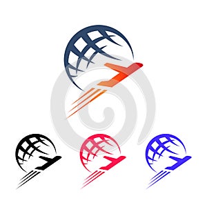 Globe logo and airplane design combination, travel icon