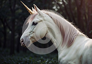 Majestic Unicorn: Lifelike Portrait Amidst Enchanted Forest photo