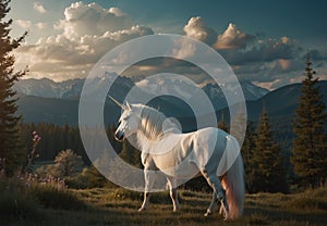 Sunset Serenity: White Unicorn Amidst Mountainous Landscape photo