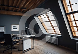 Elevated Efficiency: Dark Modern Attic Office Space photo