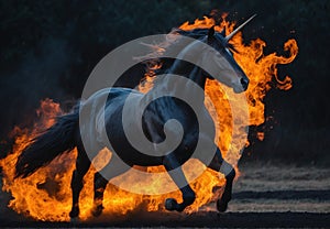 Inferno Charge: Black Unicorn Amidst Flames