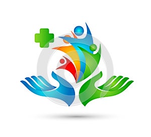 Happy Family healthcare union logo hands people family green logo