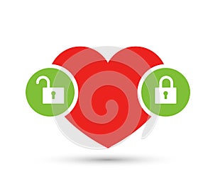 Heart and lock, unlock icons.