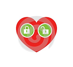 Heart and lock, unlock icons.