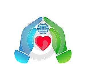 Globe, heart protected by hand flat icon.