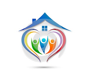 People union team work celebrating happyness family house logo/Love Union happy Heart shaped home house logo. photo