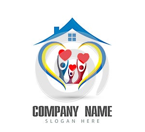 People union team work celebrating happyness family home logo/Love Union happy Heart shaped home house logo. photo