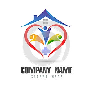 People union team work celebrating happyness family home logo/Love Union happy Heart shaped home house logo. photo