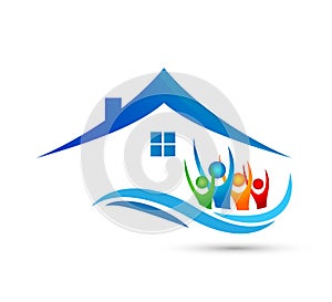 People union team work celebrating happyness family home logo/Love water wave Union happy Heart shaped home house logo. photo