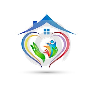 People union team work celebrating happyness family home logo/Love Union happy Heart shaped home house logo. photo