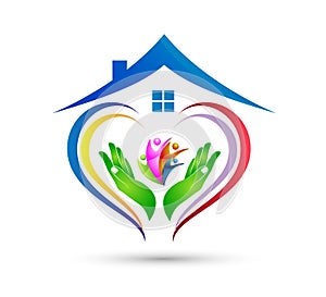 People union team work celebrating happyness family home logo/Love Union happy Heart shaped home house logo. photo