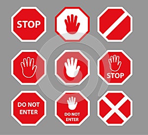 Set of stop road signs with hand gesture. Red do not enter traffic sign. Caution ban symbol direction sign. Warning stop signs.