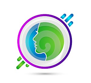 Human head face logo in circle, badge, creative brain man. Digital profile face innovation intelligence mind vector