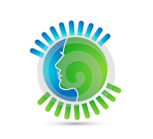 Human head face logo in circle, badge, creative brain man. Digital profile face innovation intelligence mind vector