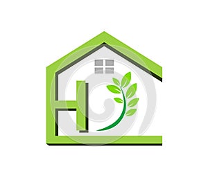 House, home, real estate, logo, H letter green leaf HOME CITY architecture symbol rise building icon vector design.